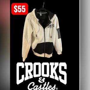 Crooks & Castles Cream and Black Zip-Up Sherpa Hoodie